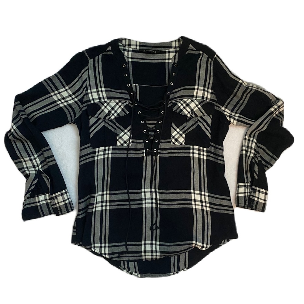 Express NWOT Long Sleeve Flannel Shirt XS Black/White